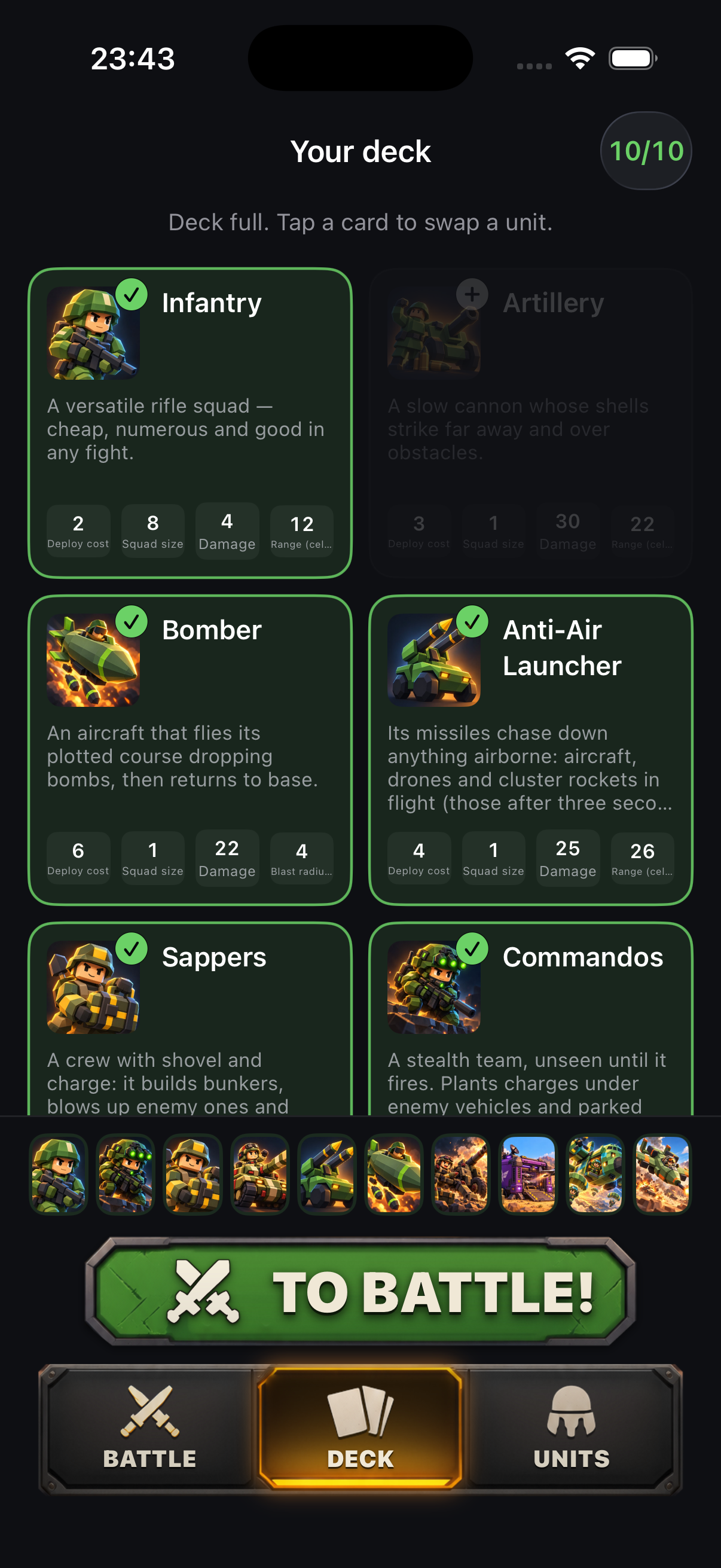 Redvance deck screen with unit cards